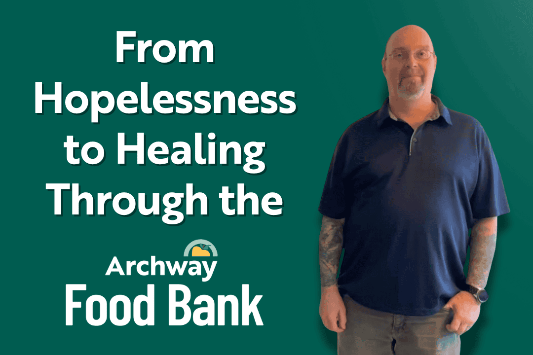 Header with Stephen, Archway Food Bank logo, and text reading 'from hopelessness to healing through the' against dark green plain background