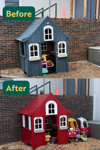 Before and after image of a painted playhouse